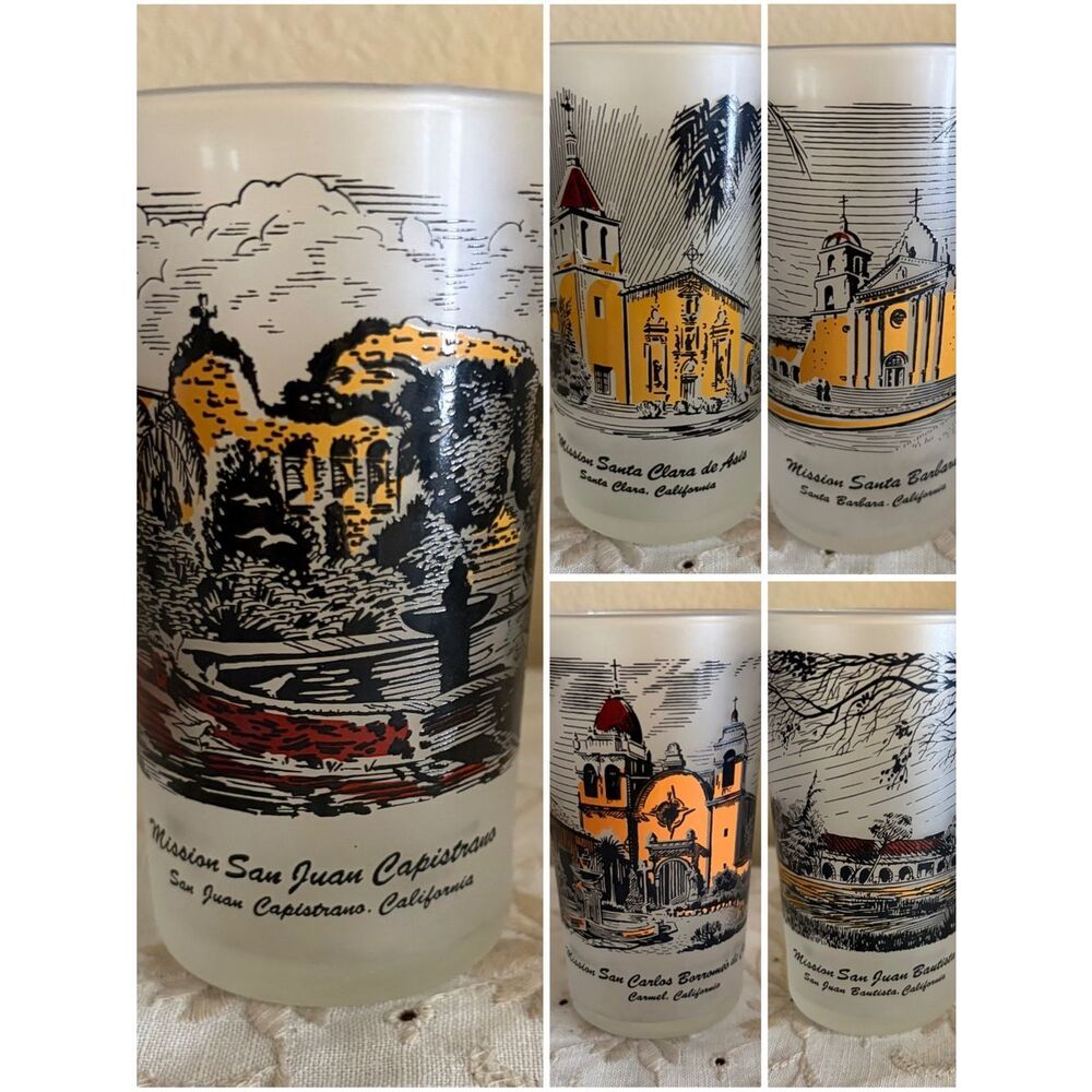 Set of 5 Libbey Vintage Frosted California Missions Tumbler Drinking Glasses